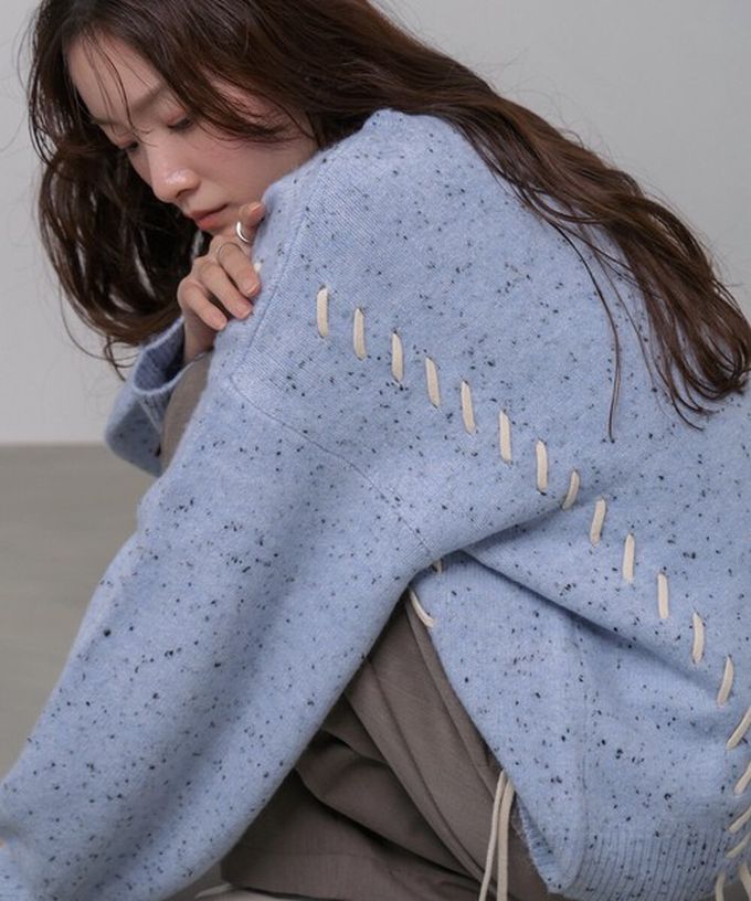 日本 Bab - 可可碎片感率性縫線針織上衣-灰白