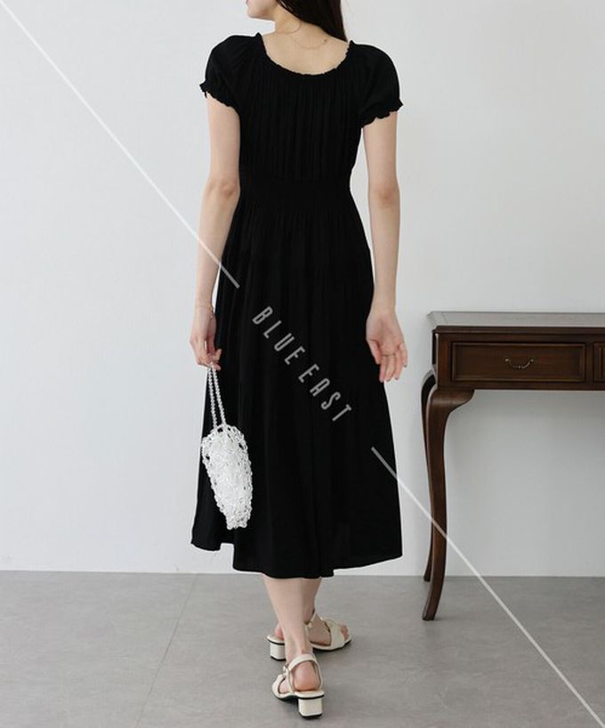 日本 BLUE EAST - 一字領2way露肩迷人短袖洋裝-典雅葉子-黑 (M)