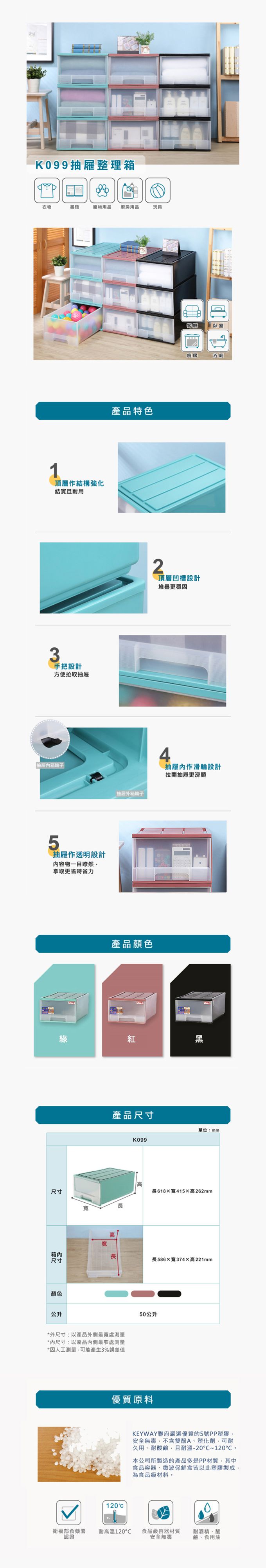 台灣KEYWAY - K099 單層抽屜整理箱-2入-2色可選-綠 (50L)