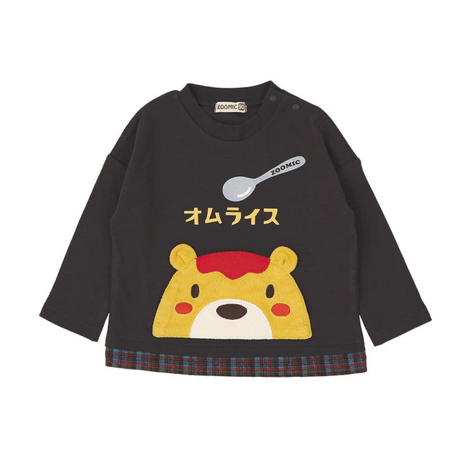 日本 ZOOLAND - 俏皮印花格紋拼接長袖上衣-療癒咖哩飯-酒紅