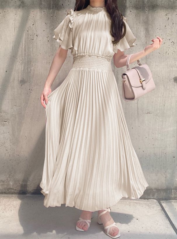 日本 GRL - 甜美時光收腰百摺短袖洋裝-黑