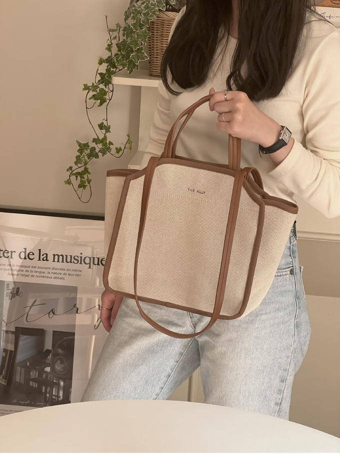 韓國 THEALLY - (附小袋)質挺帆布方包手提/肩背包-奶油黃 (中)