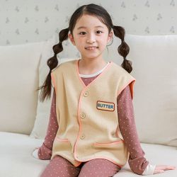 韓國 Ppippilong - 純棉鬆餅格織紋V領口袋背心-米杏