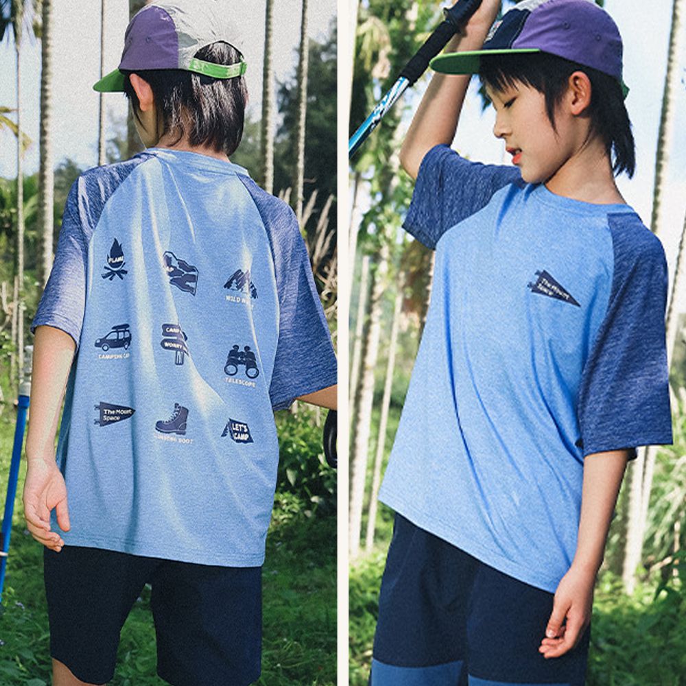 休閒圓領短袖上衣-野營圖鑑-拼色藍