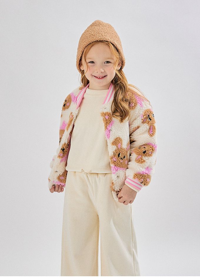 韓國 OZKIZ - 保暖毛絨絎縫內裡棒球外套-咖啡兔