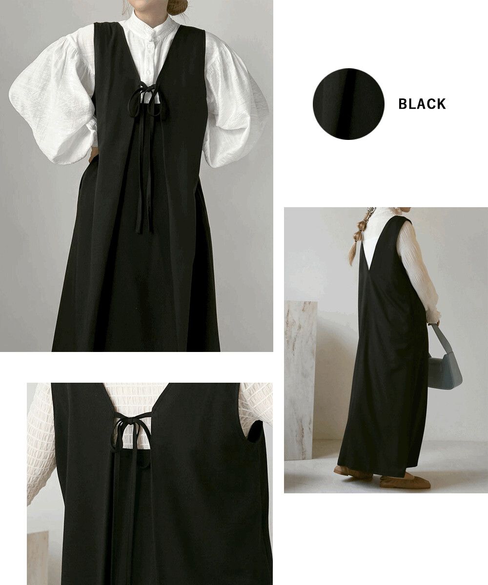 日本 Bab - [日雜推薦] 氣質綁帶V領背心裙-石英灰