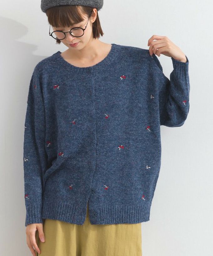 日本 Lupilien - 低調小花刺繡圓領開襟針織外套-深藍