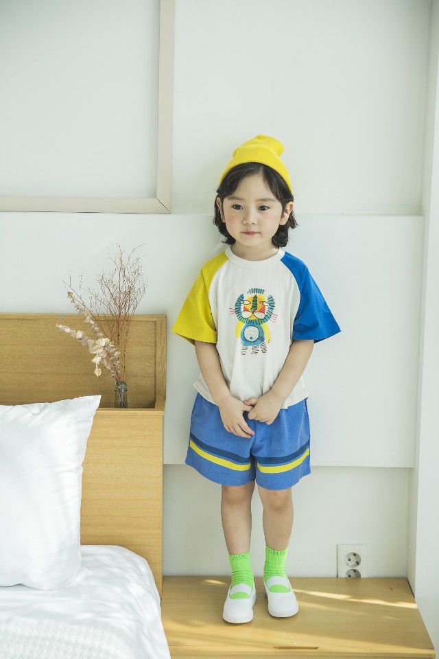 韓國 Mimico - 拼接色滑稽獅子T-藍