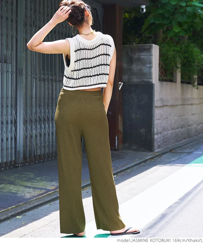 日本 COCA - [可剪裁]  百搭垂墜感彈性修身寬褲-卡其