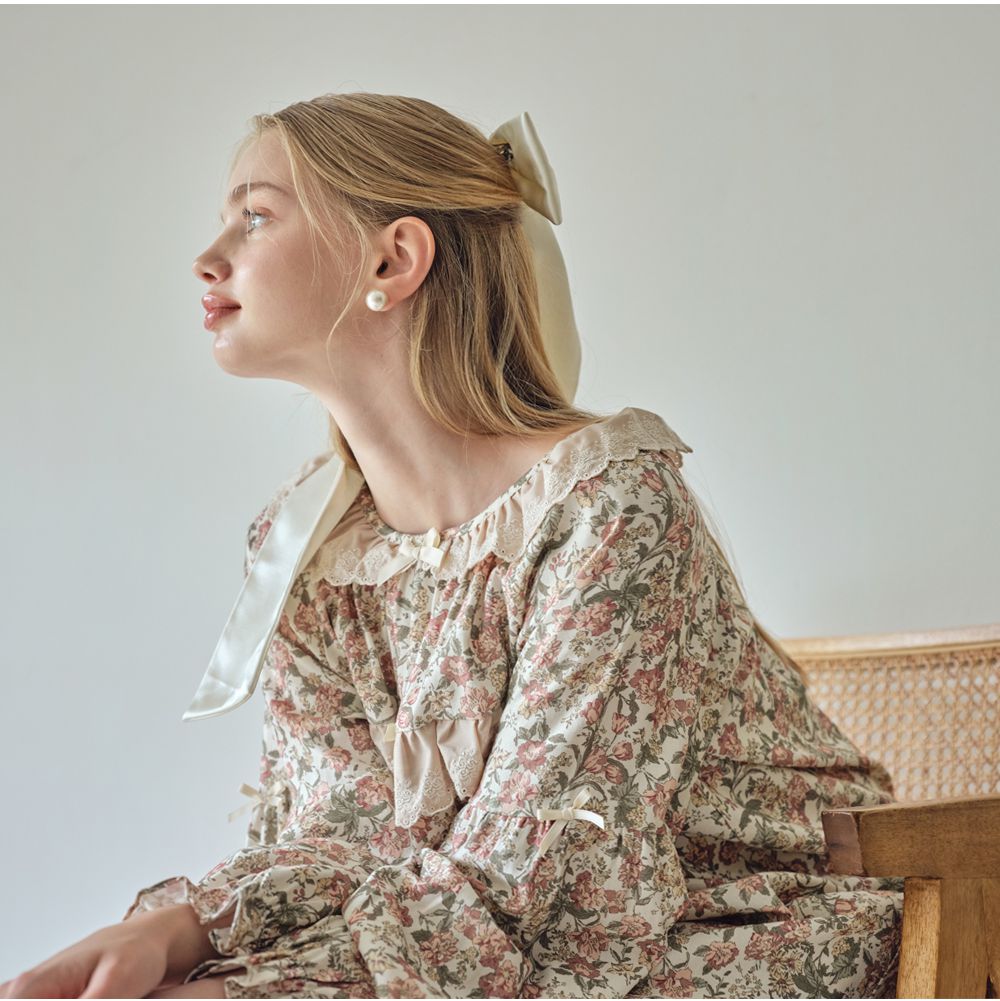 韓國 ULLALA - 絕美公主純棉長袖睡衣-(洋裝式)-奶油色 (FREE)