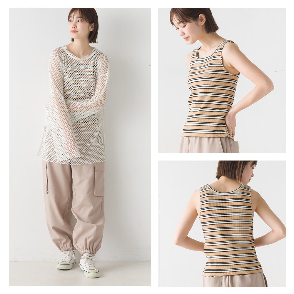 日本 OMNES - 圓領條紋無袖上衣-卡其x橘