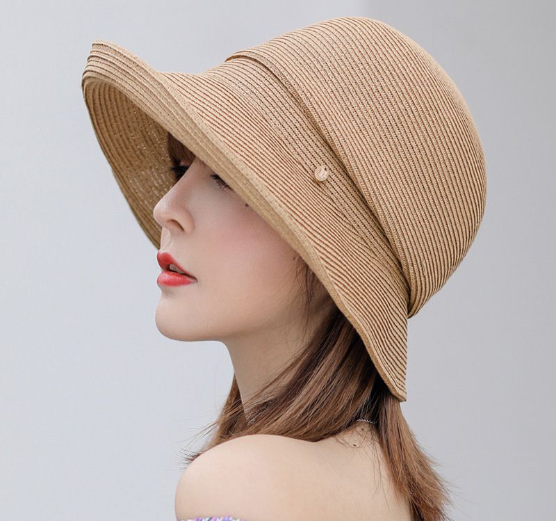 復古百搭可折疊遮陽草帽-繫帶小圓鐵片-卡其色 (57cm)