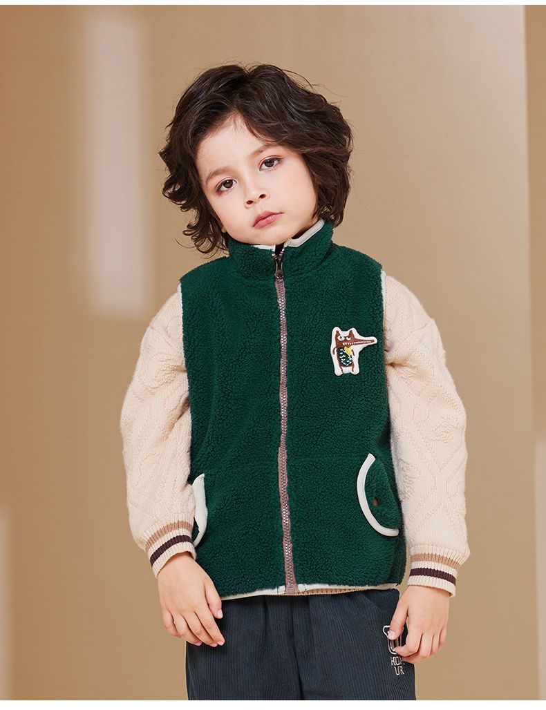 搖粒絨保暖兒童背心-可愛狐狸-深綠色