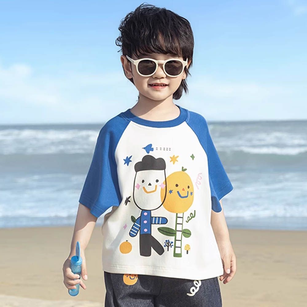 棉質圓領休閒短袖上衣-橘子樹好朋友-白/藍