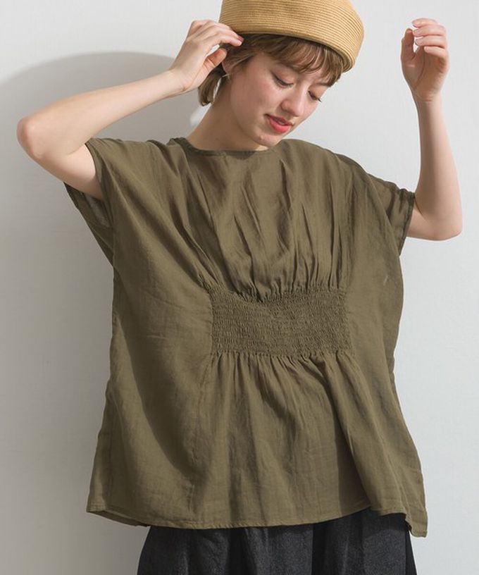 日本 Lupilien - 印度棉 人字紋清爽飄逸瘦腰短袖上衣-軍綠