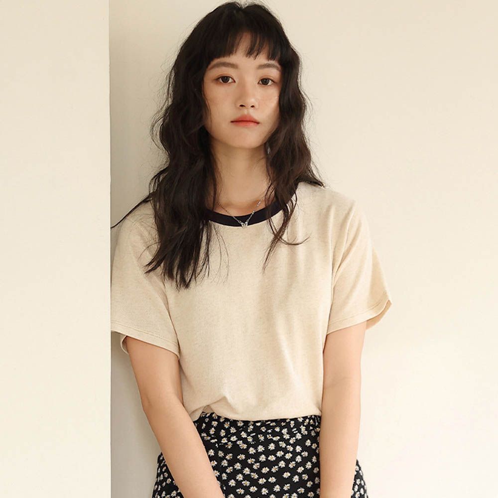 天絲亞麻撞色針織短袖上衣-雅杏