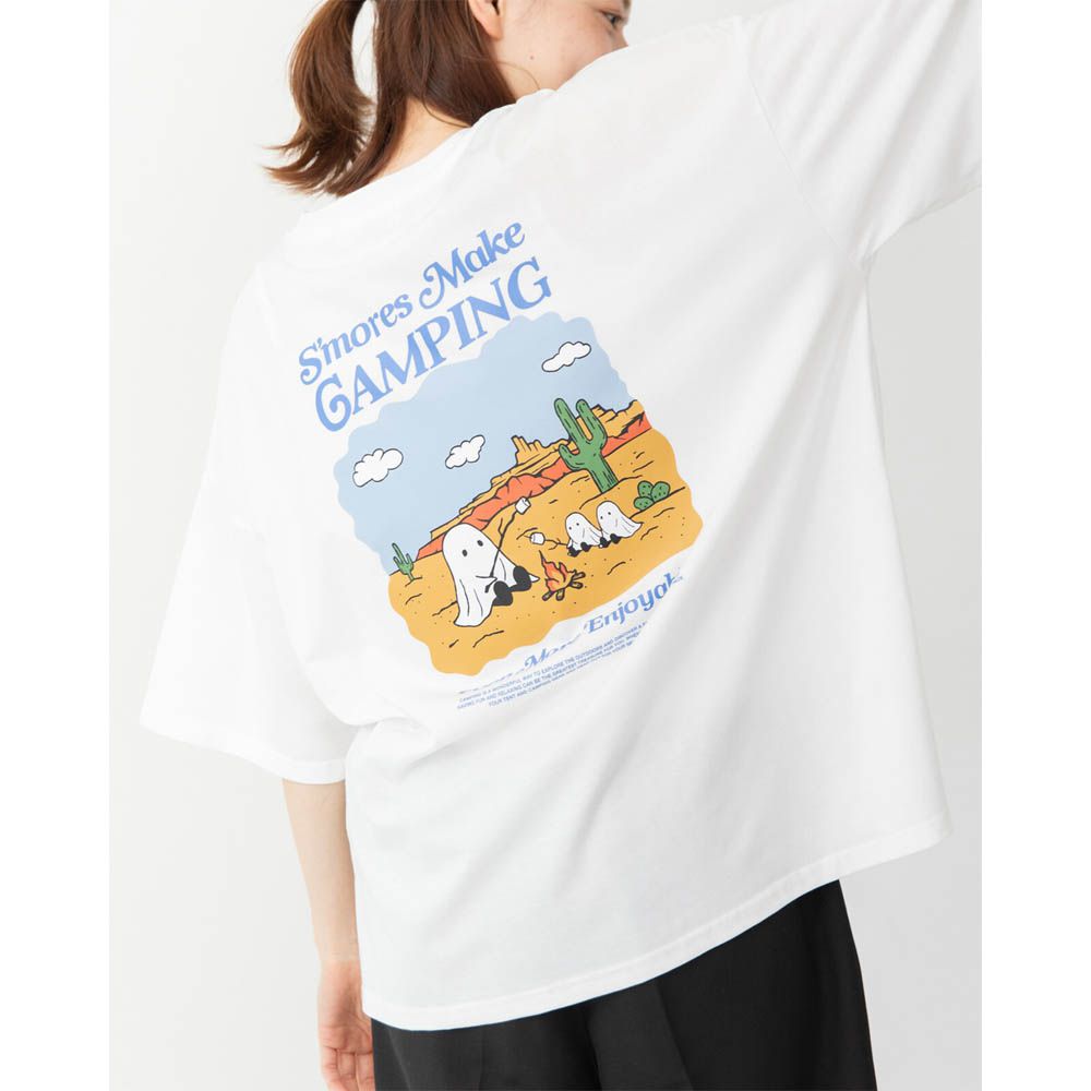 俏皮露營幽靈印花寬大風短袖T恤-白