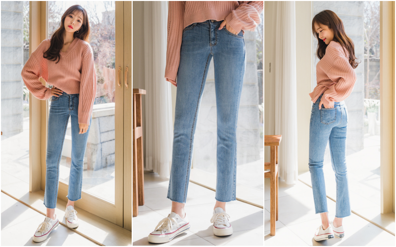 韓國 ENVYLOOK - 超彈力收腰鬆緊刷白窄管牛仔褲-深藍