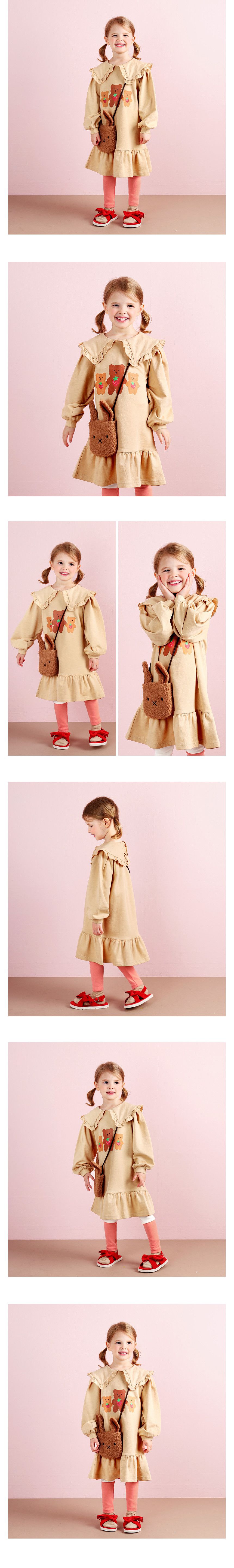 韓國 WALTON kids - 可愛動物印荷葉翻領連身洋裝-草莓熊-淺卡其