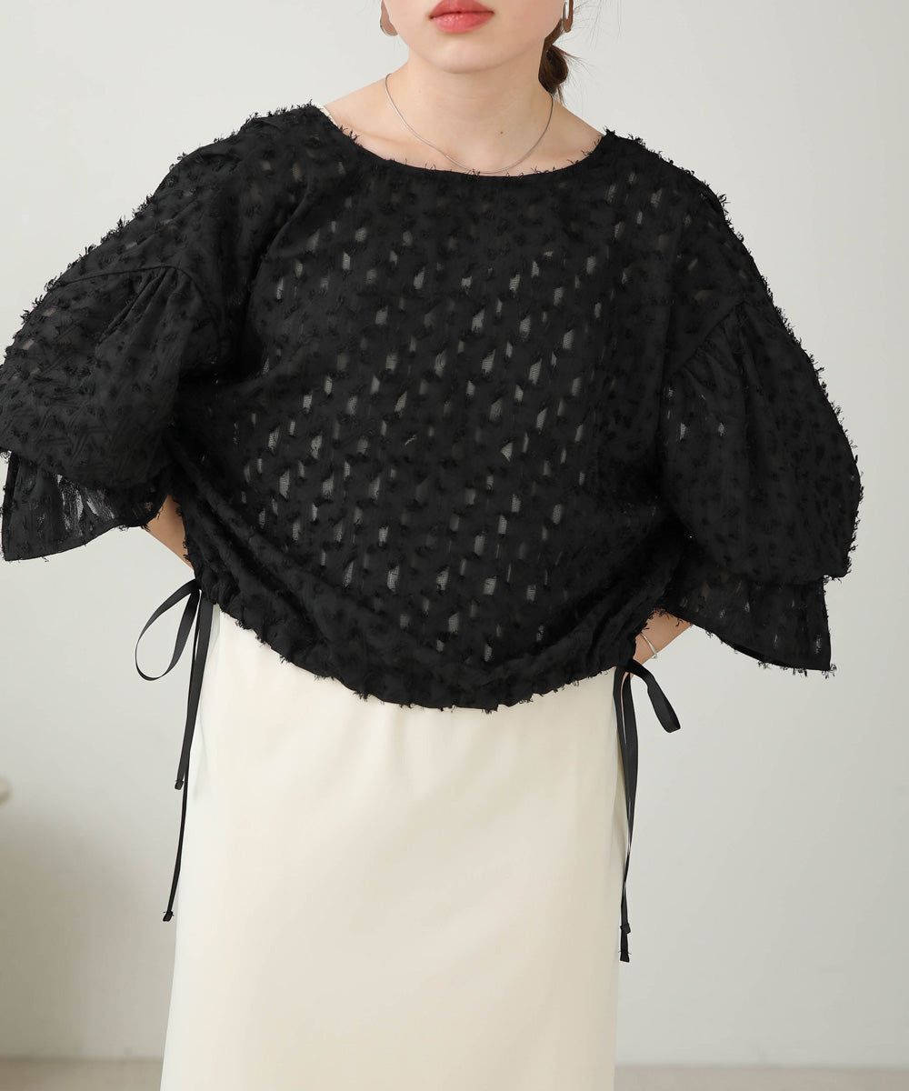 日本 Bab - 2WAY透感抽鬚糖果袖上衣-淺粉