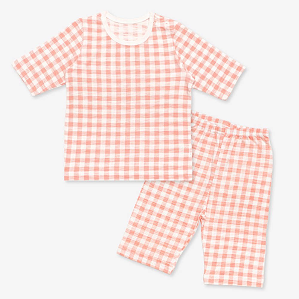 韓製莫代爾透氣7分袖家居服-經典格子-粉橘