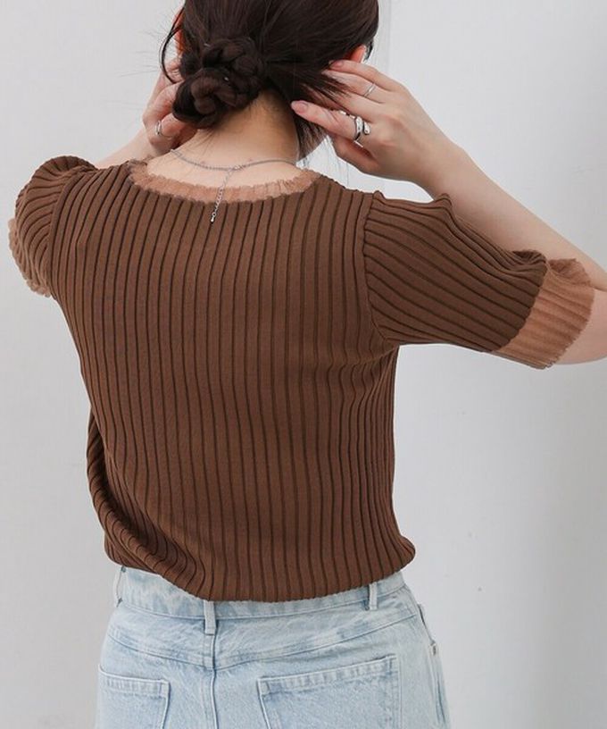 日本 Bab - 柔美異材質顯瘦羅紋五分袖上衣-炭灰