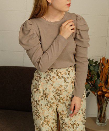 日本 Bou Jeloud - 高雅羊腿袖針織上衣-淺卡其