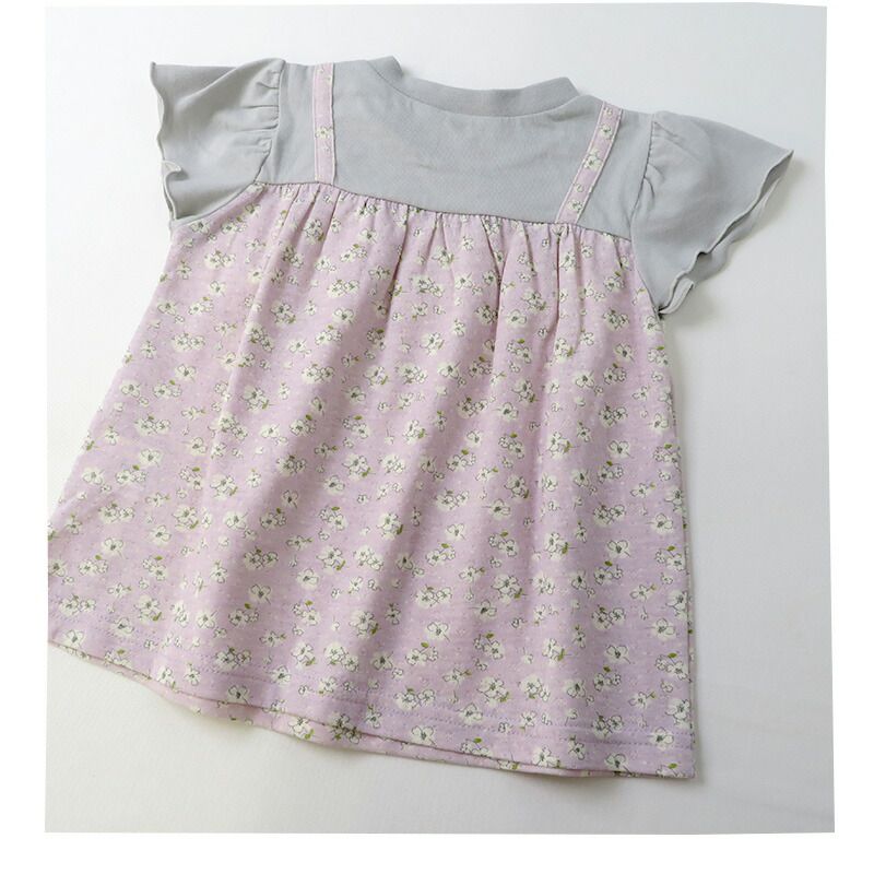 日本 ZOOLAND - 假兩件荷葉袖衣碎花短袖上衣-米x粉花