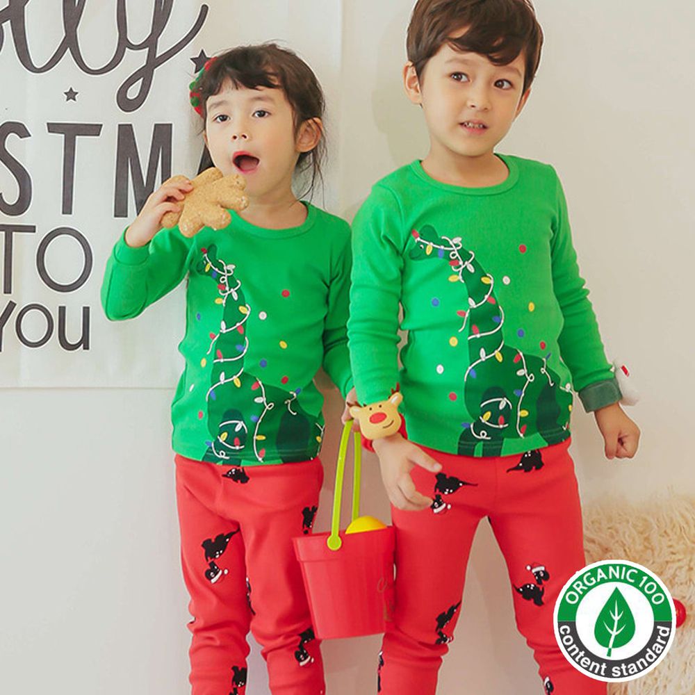 韓國 Puco - (聖誕限定款)20支有機棉長袖家居服-聖誕樹恐龍