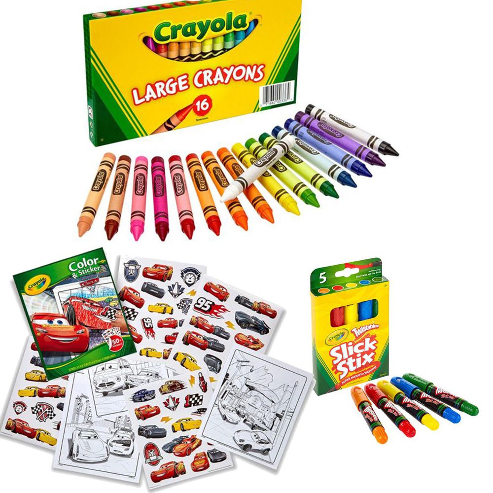 Crayola繪兒樂 - 【超值優惠組】彩色大蠟筆16色+超滑順旋轉蠟筆5色+貼紙著色本-汽車總動員