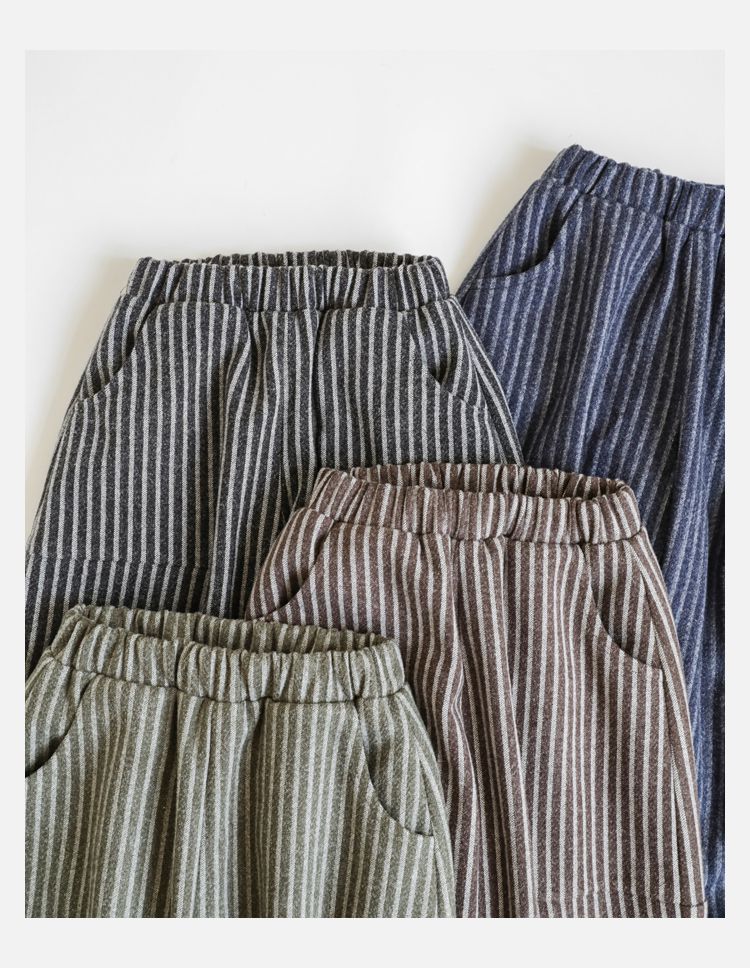 TONGMO - (加絨)小紳士腰鬆緊休閒條紋寬褲-黑+灰