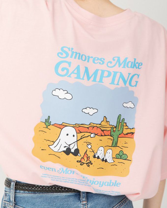 日本 gleam - 俏皮露營幽靈印花寬大風短袖T恤-燕麥灰