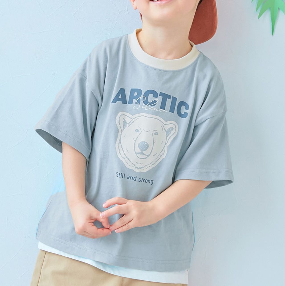 純棉動物線條印花短袖上衣-北極熊-灰藍