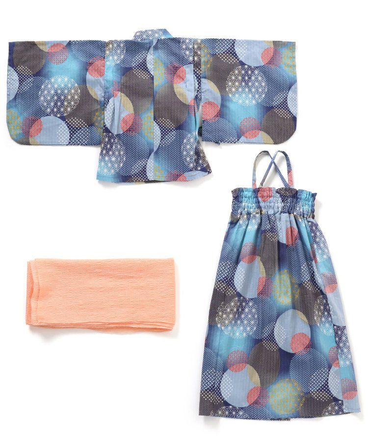 日本 apres les cours - 華麗腰帶風純棉二件式浴衣-椿花-紅藍條紋