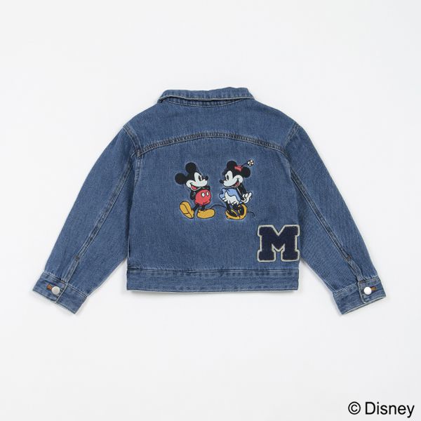 日本 petit main - 聯名款 經典印花廓形牛仔夾克-卡通人物米奇米妮-丹寧藍