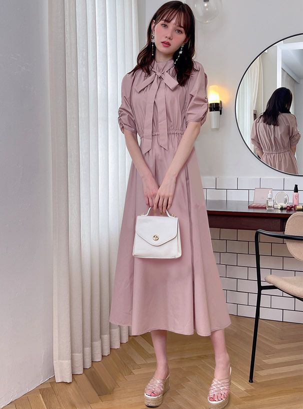 日本 GRL - 甜美蝴蝶結泡泡袖洋裝-冰河灰