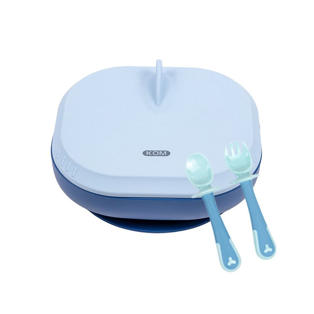 KOM - 矽膠兒童防滑餐盤+學握匙(一入組)-鯊魚(有蓋)-藍