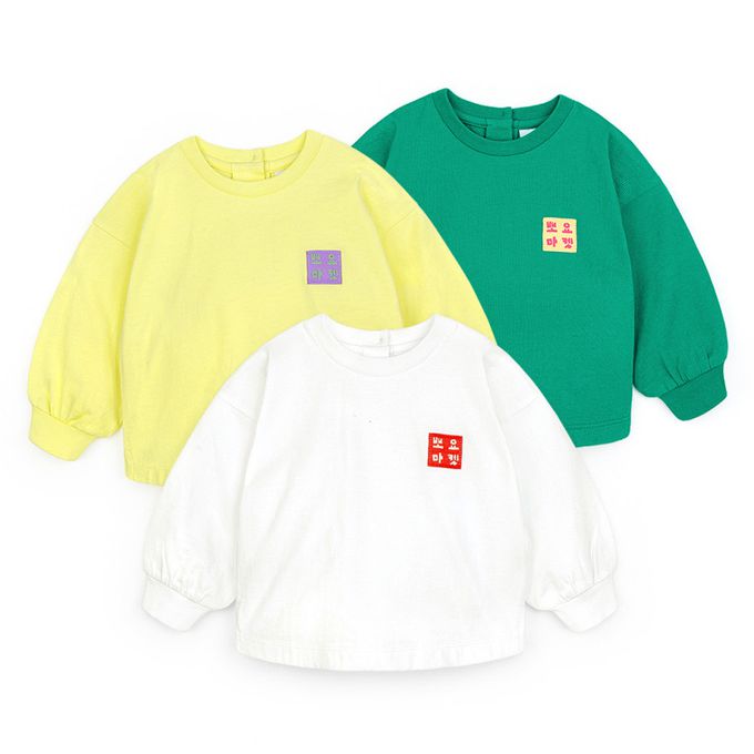 韓國 Pimpollo - 品牌布貼裝飾圓領長袖上衣-黃