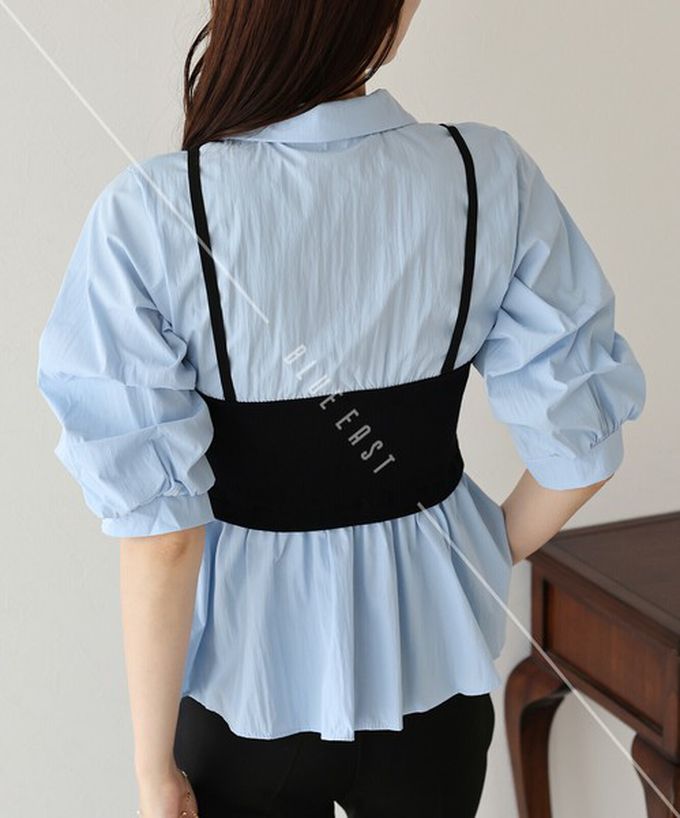 日本 BLUE EAST - 假二件俐落時尚疊穿五分袖上衣-黑x白