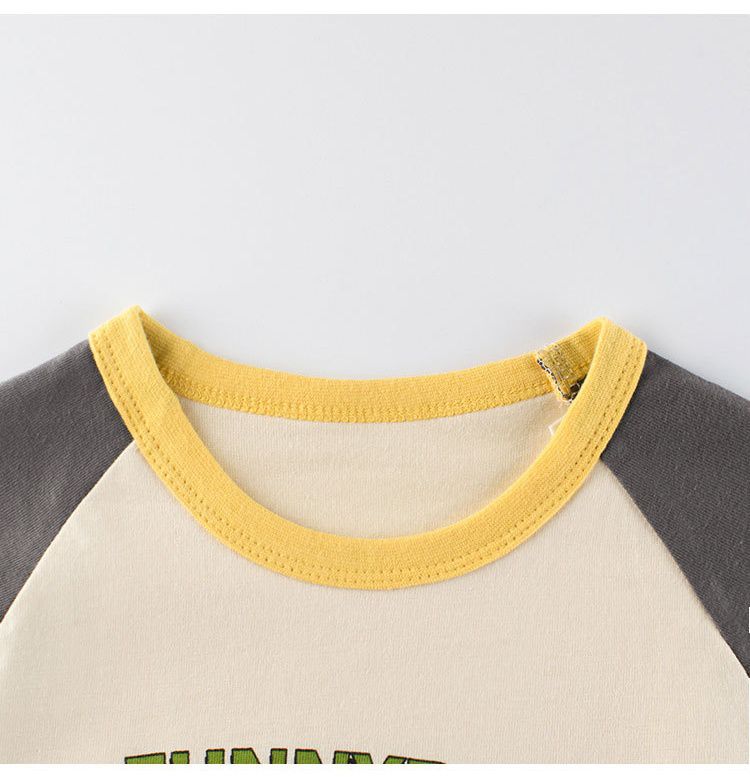 純棉圓領薄長袖上衣-復古車車-杏+灰