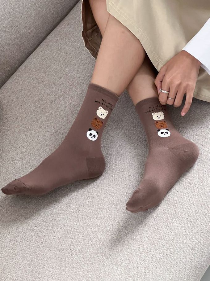 韓國Marian - 三隻毛毛熊中筒襪-棕色 (Free)