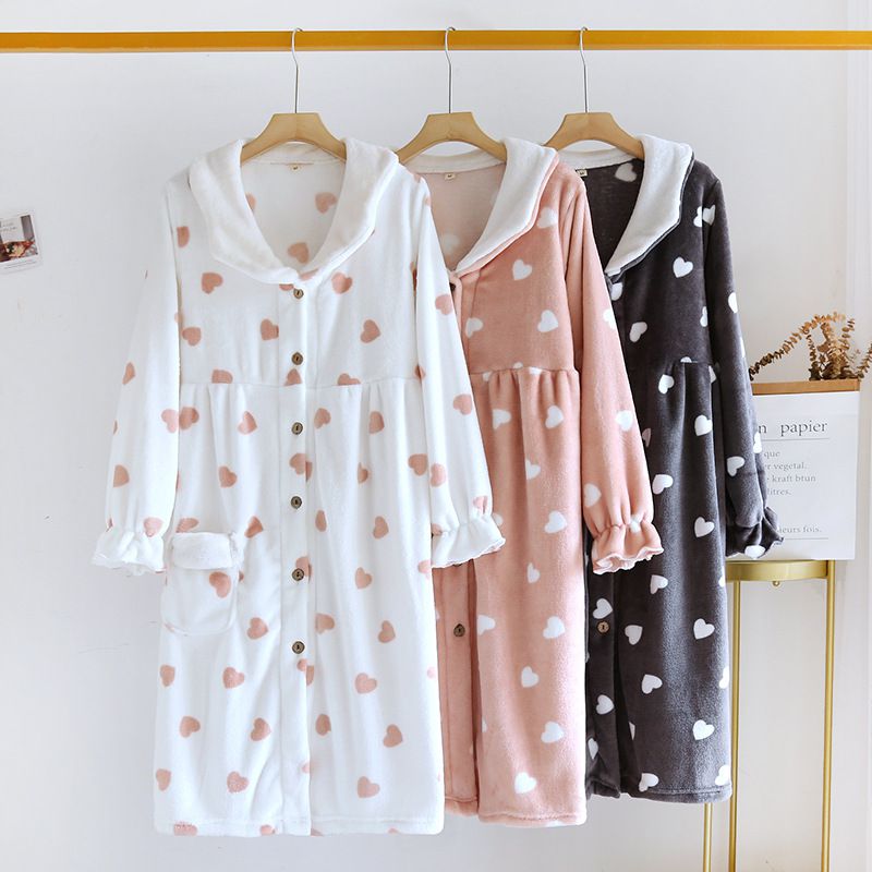 法蘭絨暖暖長袖連身睡衣-愛心-粉色