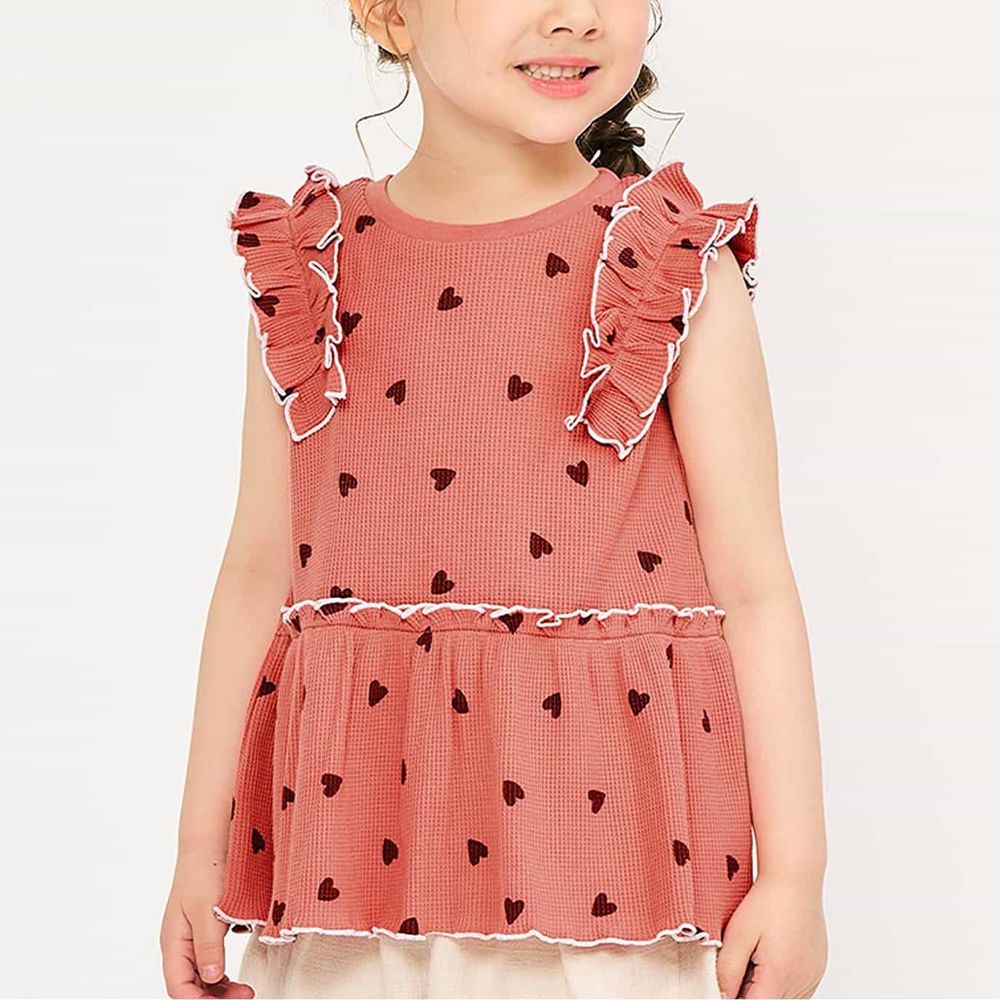 肩荷葉邊華夫格印花無袖上衣-愛心-玫紅