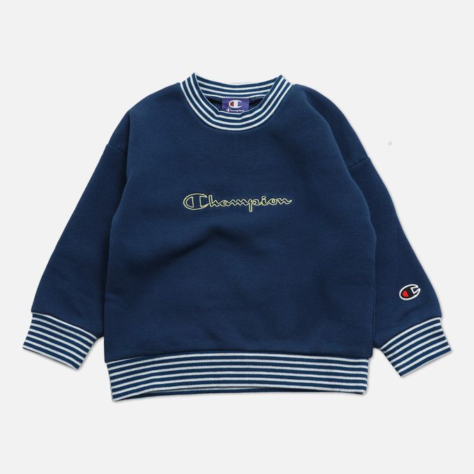 日本 Chil2 - Champion聯名 裏起毛條紋領長袖上衣-海軍藍