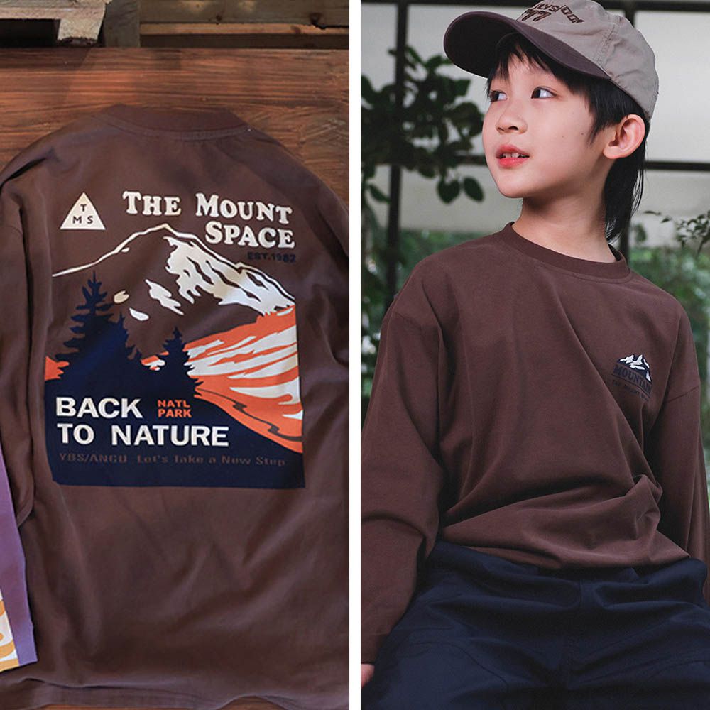 純棉圓領長袖上衣-撞色山脈-棕色