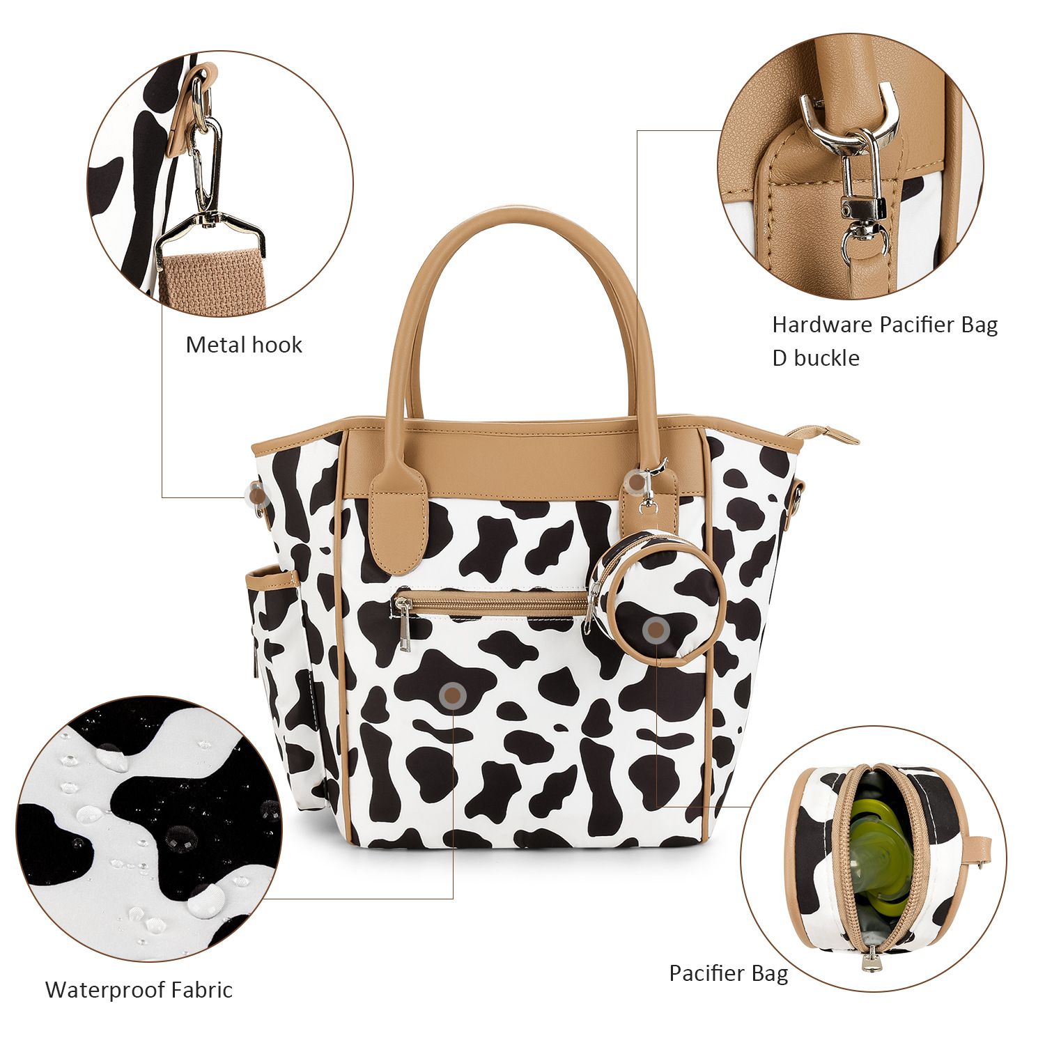 大容量多功能手提/斜背媽媽包-牛牛紋-黑+白 (25x15x29cm)