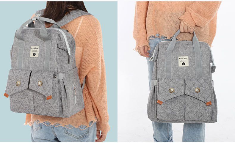 insular - 大開口防潑水雙口袋手提媽媽包-牛仔藍色 (27x17x41cm)