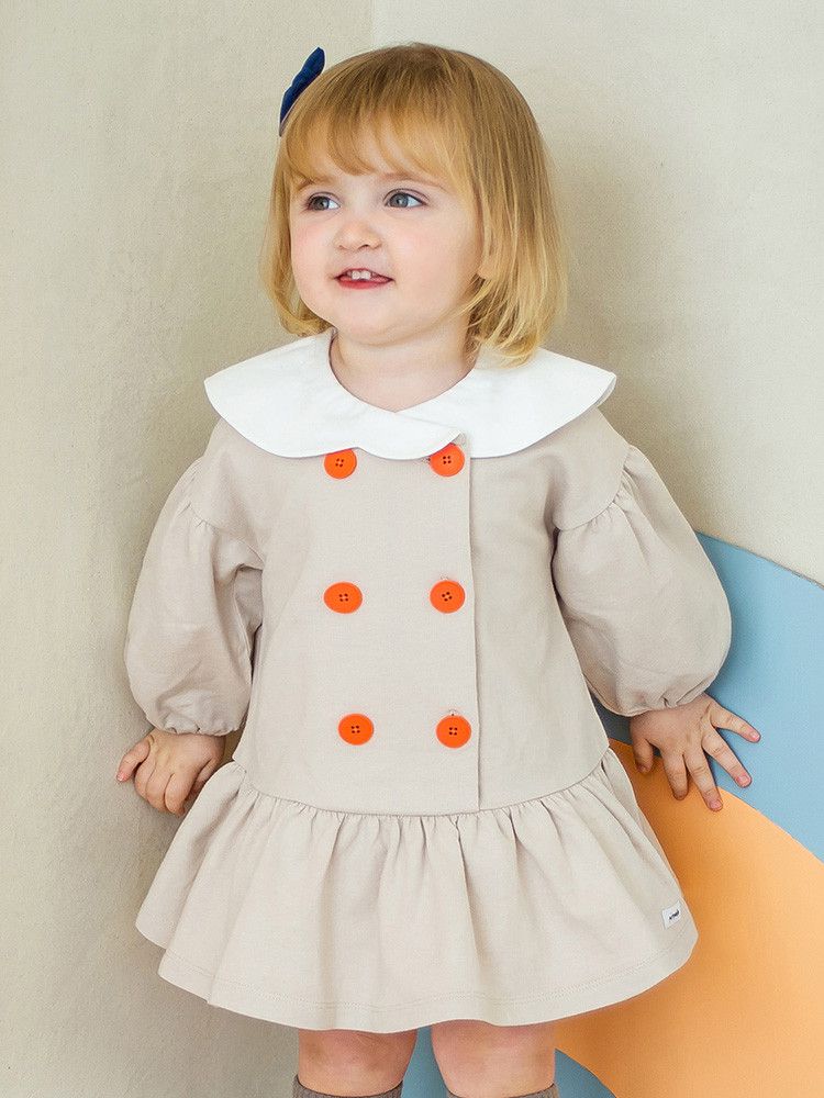 韓國 Pimpollo - 雲朵翻領鈕扣波浪洋裝-綠