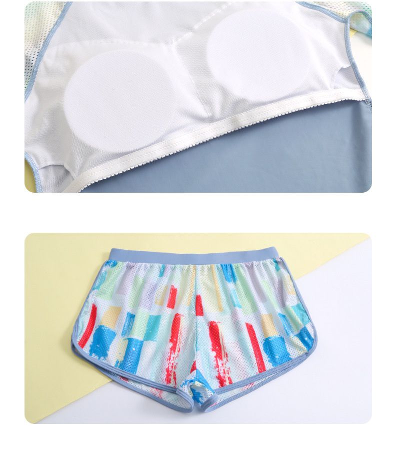 大童女孩速乾長袖泳衣套裝(三件組)-繽紛幾何-藍色-泳衣、長泳褲、短泳褲