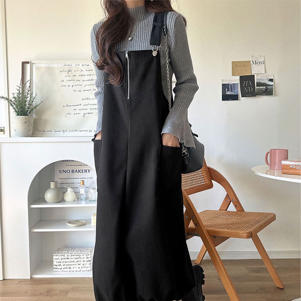 修身拉鍊俏皮燈籠下擺吊帶洋裝-黑